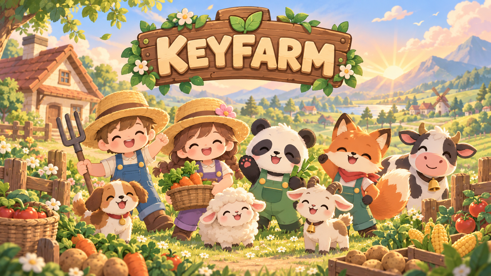 Los granjeros, el panda y el zorro de KeyFarm rodeados de cultivos y animales en una granja al amanecer